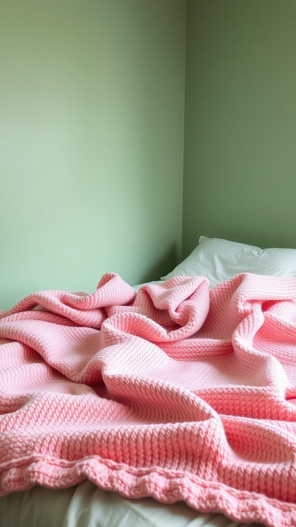 A soft pink blanket draped on a bed with sage green walls