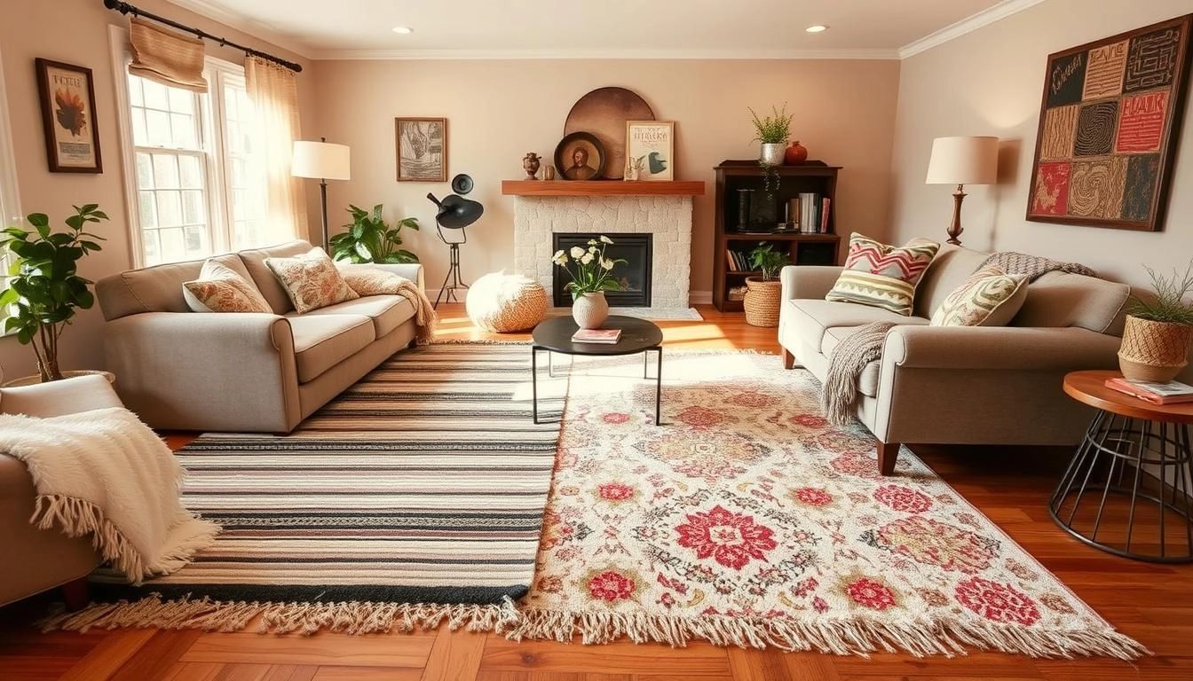 Inviting living room with affordable rugs in various patterns and textures layered over hardwood floors, complemented by plush furniture, cozy blankets, and soft lighting.