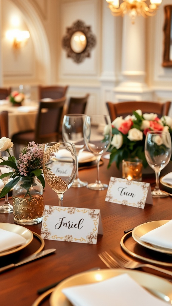 A beautifully arranged dining table featuring themed place cards and elegant decor.