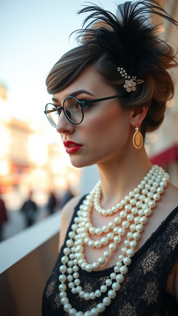 A woman showcasing a themed retro hairstyle with accessories.