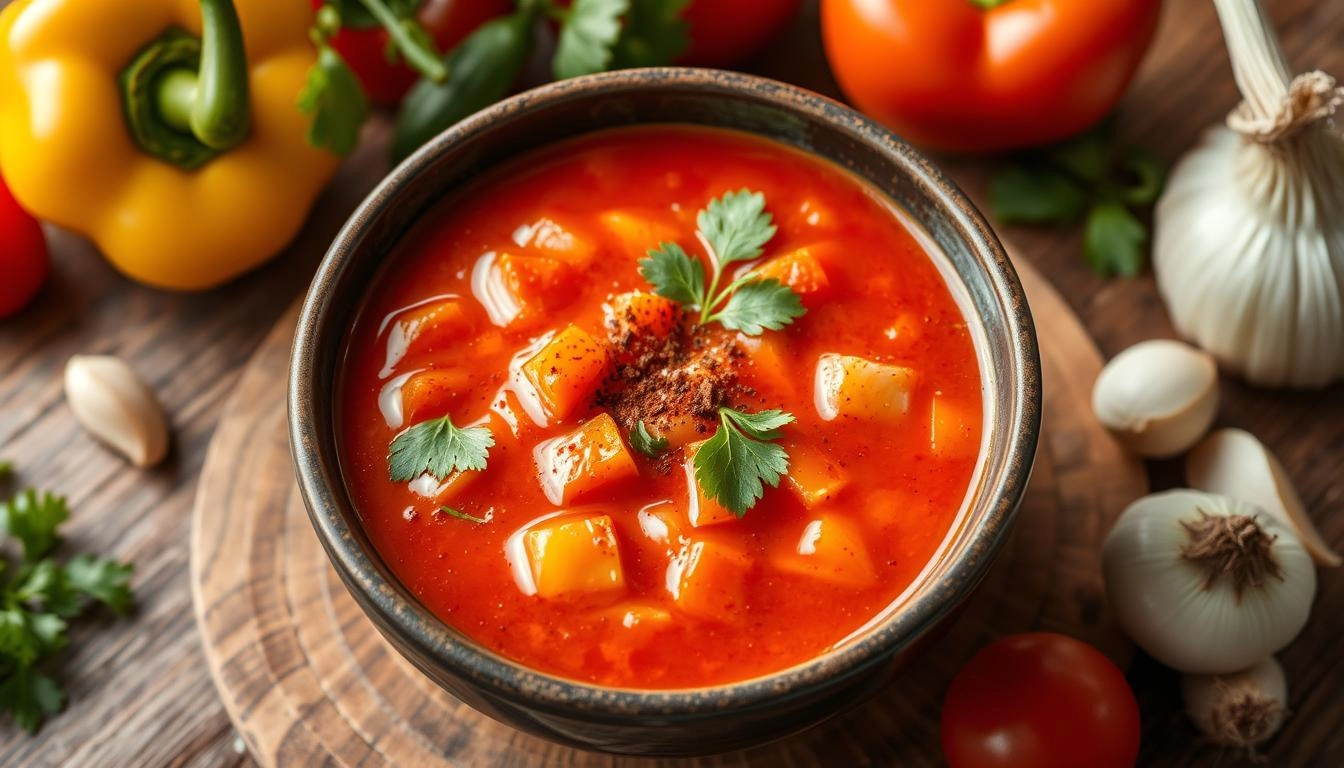 Steaming bowl of chunky tomato soup garnished with herbs and chili powder, surrounded by fresh vegetables on wooden table, lit to highlight texture and steam.