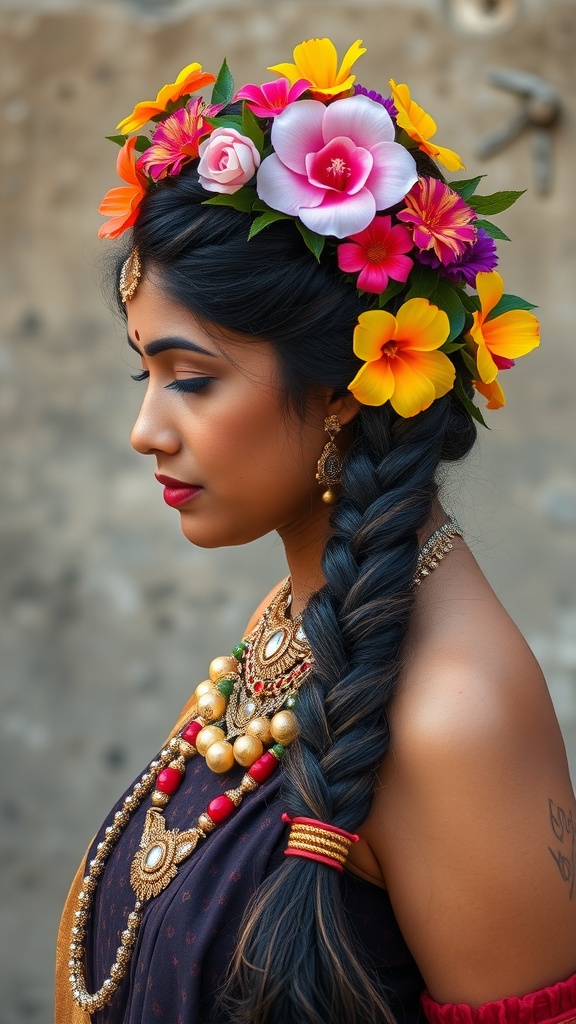 A woman with a traditional Indian braid adorned with colorful flowers, dressed in traditional attire.