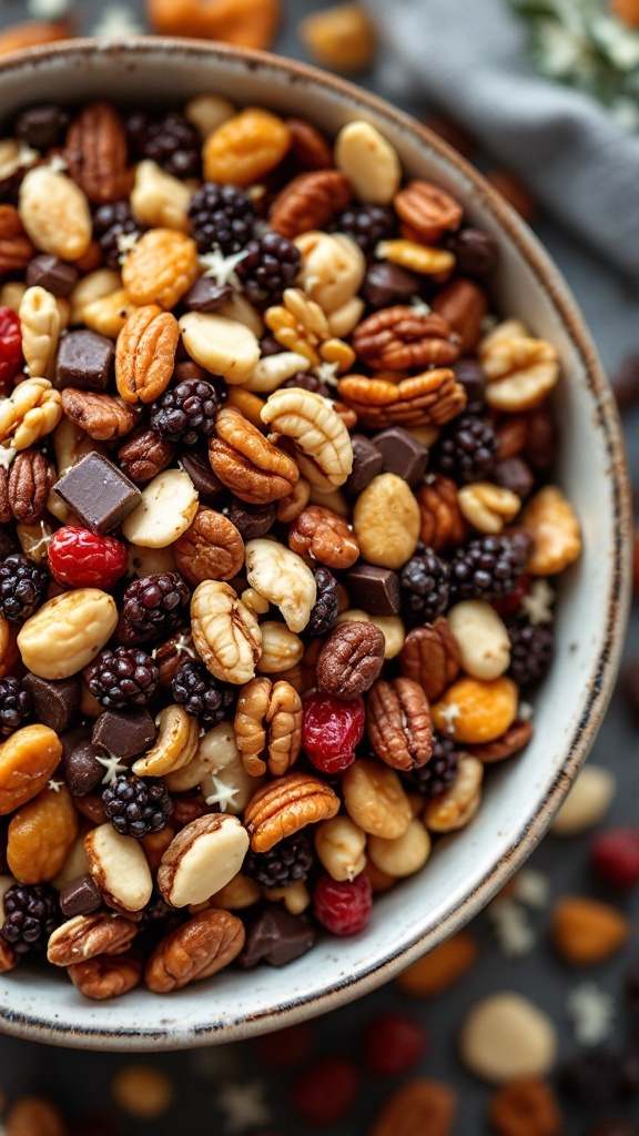 A bowl of trail mix containing nuts, chocolate pieces, and dried fruits.