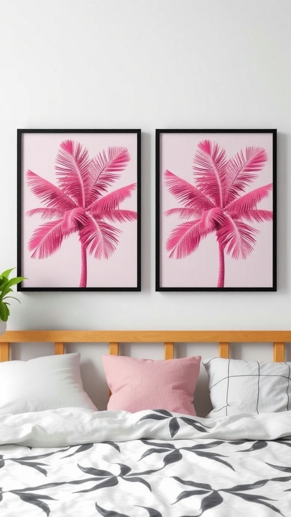 Tropical pink palm prints in black frames above a bed with pink and white pillows.