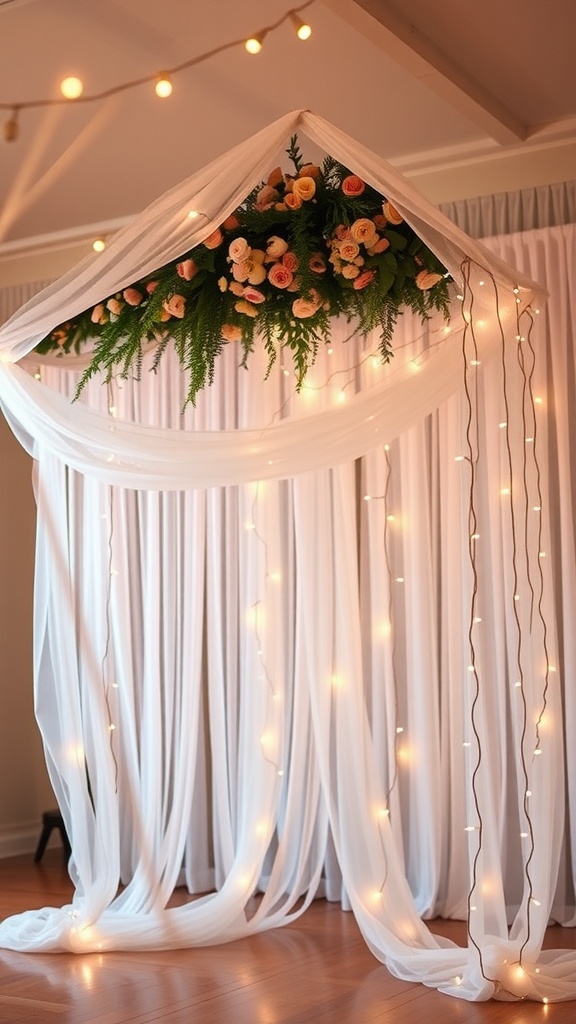 A romantic setup featuring tulle draped with string lights and floral accents.