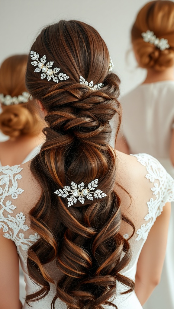 Close-up of a woman's hairstyle adorned with sparkling hair accessories.