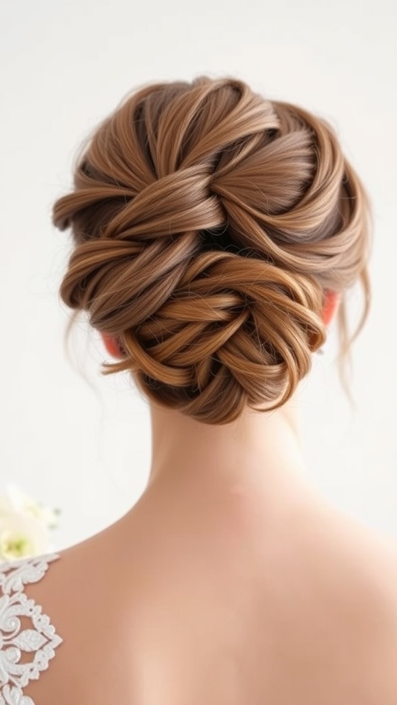 Back view of a twisted half-up bun hairstyle