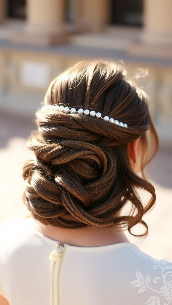 A beautiful twisted half-up hairstyle with curls and a pearl headband.