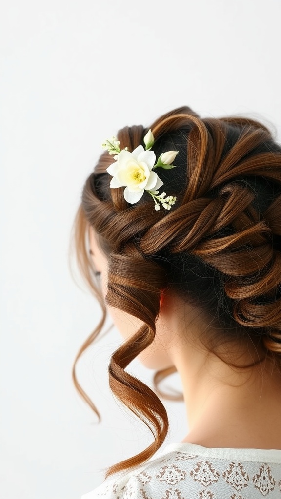 A beautiful twisted half crown hairstyle with curls and a white flower accessory.