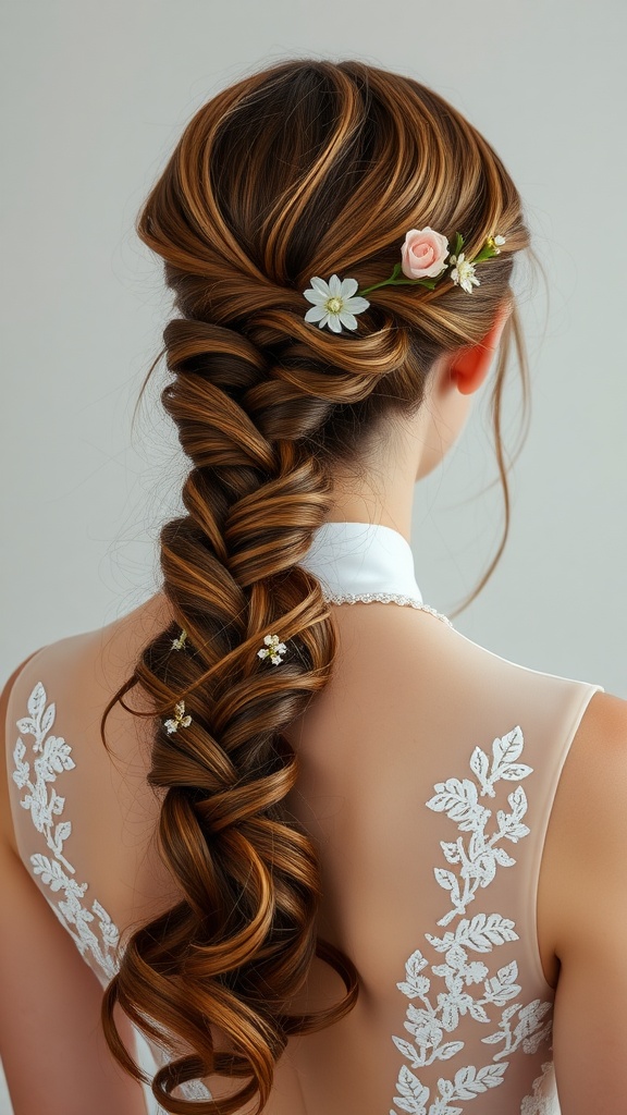 A beautiful twisted side ponytail hairstyle adorned with flowers.