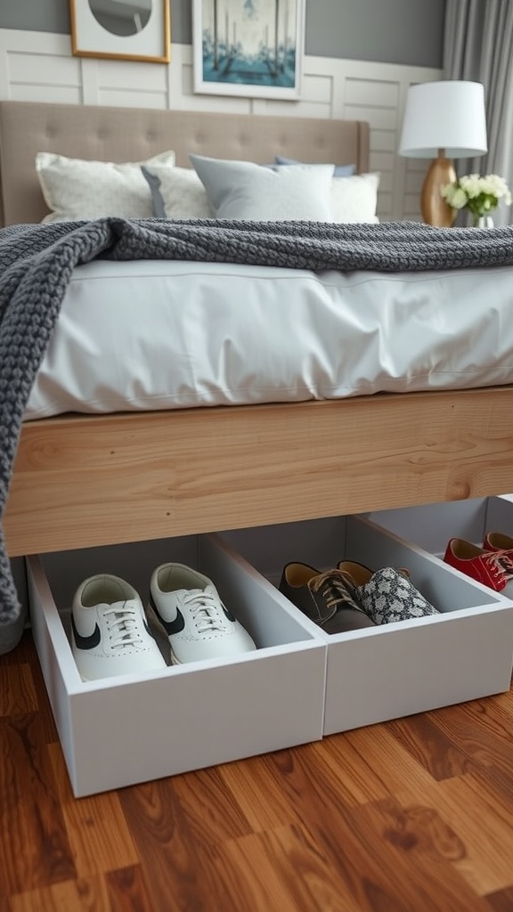 Image showing shoes stored in white drawers under a bed.