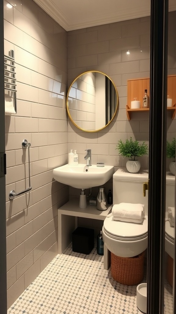 Small bathroom with under-sink storage solutions, featuring a modern sink and organized space.