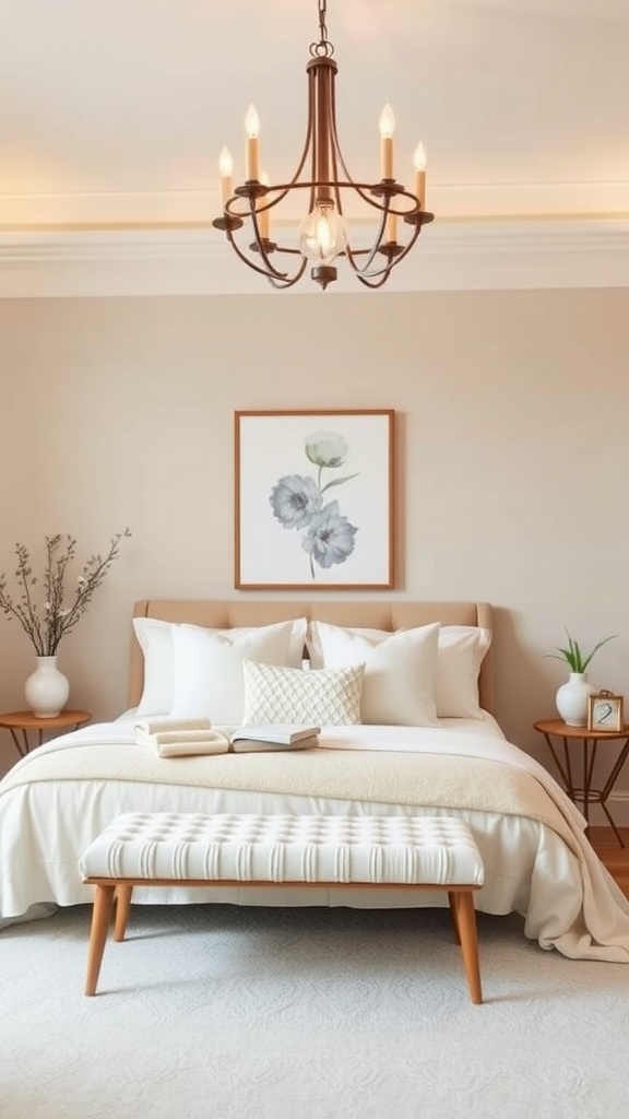 A minimalist corner in a spring bedroom with a white chair, vases, and flowers.