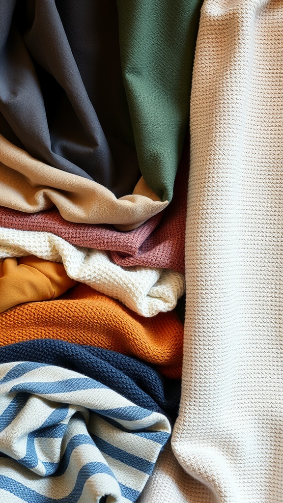 A variety of colorful and textured fabrics stacked neatly together.