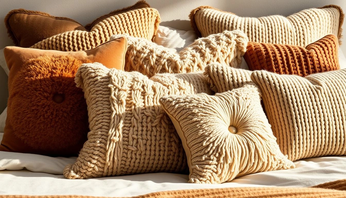 Layered decorative pillows in beige, taupe and ochre, featuring varied textures and fabrics, arranged on neutral bed with warm lighting