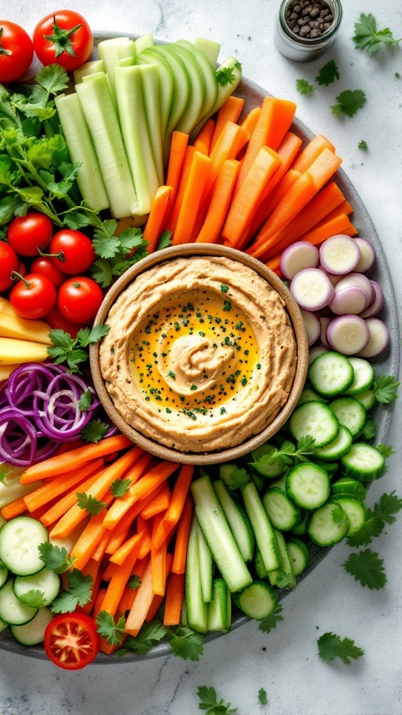 A colorful vegetable platter with a bowl of hummus in the center.