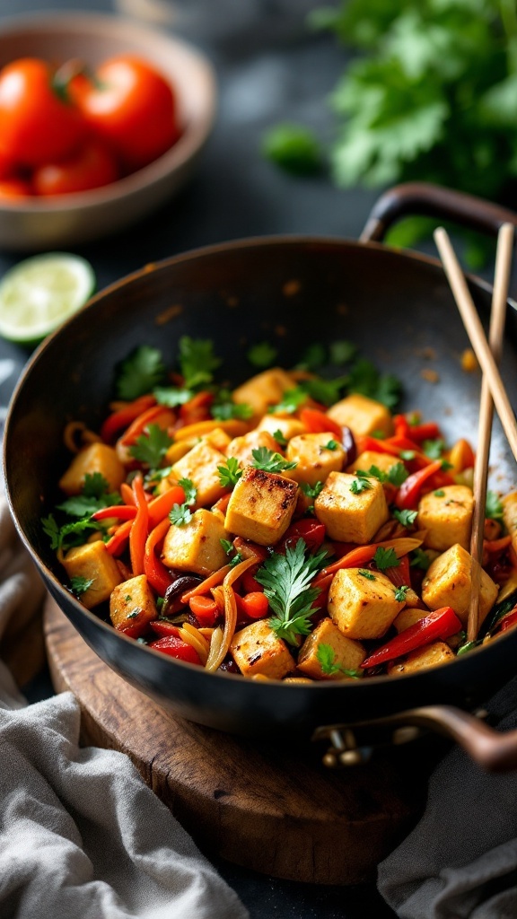 A colorful vegetable stir-fry with tofu, showing vibrant peppers, broccoli, and golden-brown tofu cubes garnished with fresh cilantro.