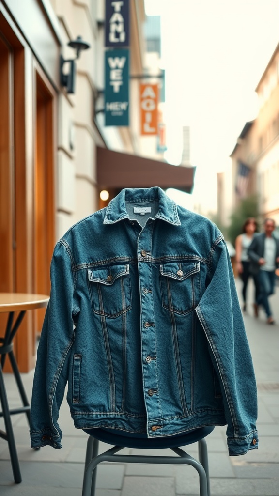 A denim jacket displayed on a chair in an urban setting.