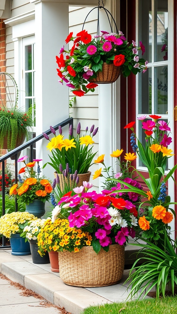 A vibrant spring front porch decorated with colorful flowers in pots and hanging baskets.