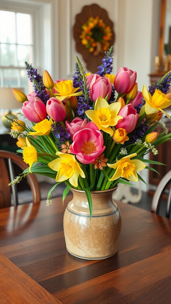 A vibrant arrangement of tulips, daffodils, and lavender in a vase on a dining table.