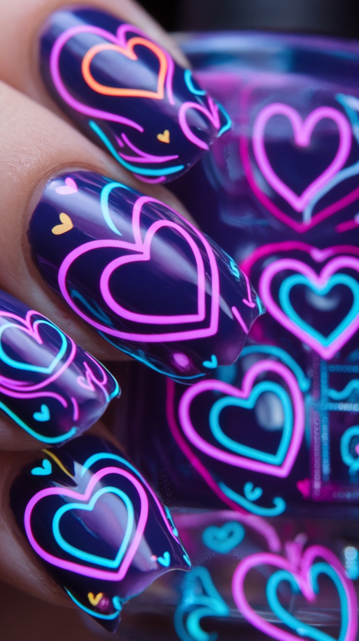 Close up of nails with vibrant neon heart designs on a dark background.