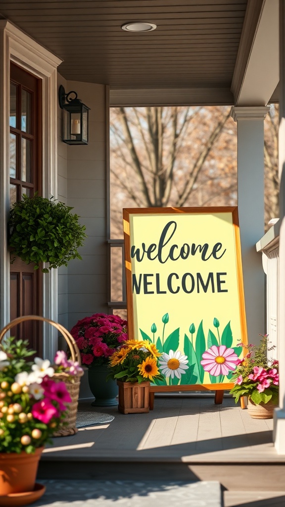 A colorful welcome sign on a front porch surrounded by blooming flowers and plants.