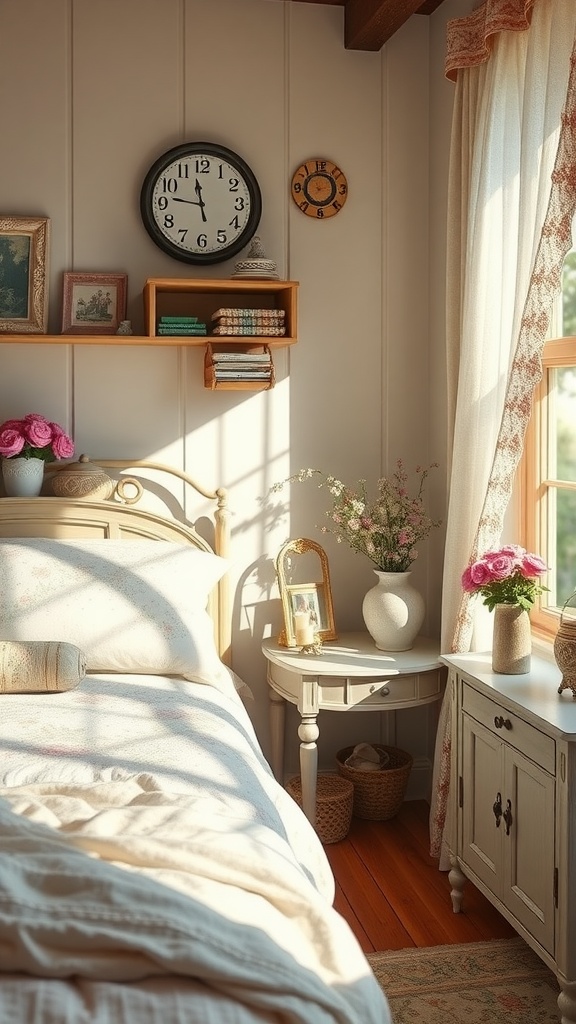 A cozy vintage-inspired bedroom with floral decorations and soft textures.