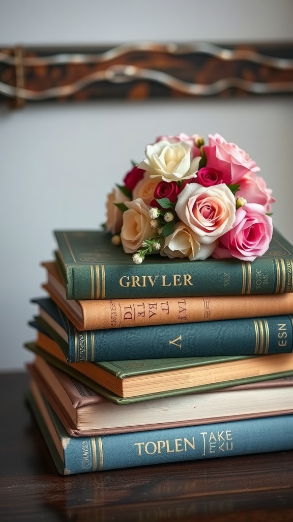 A stack of vintage books topped with a bouquet of pink and white roses.