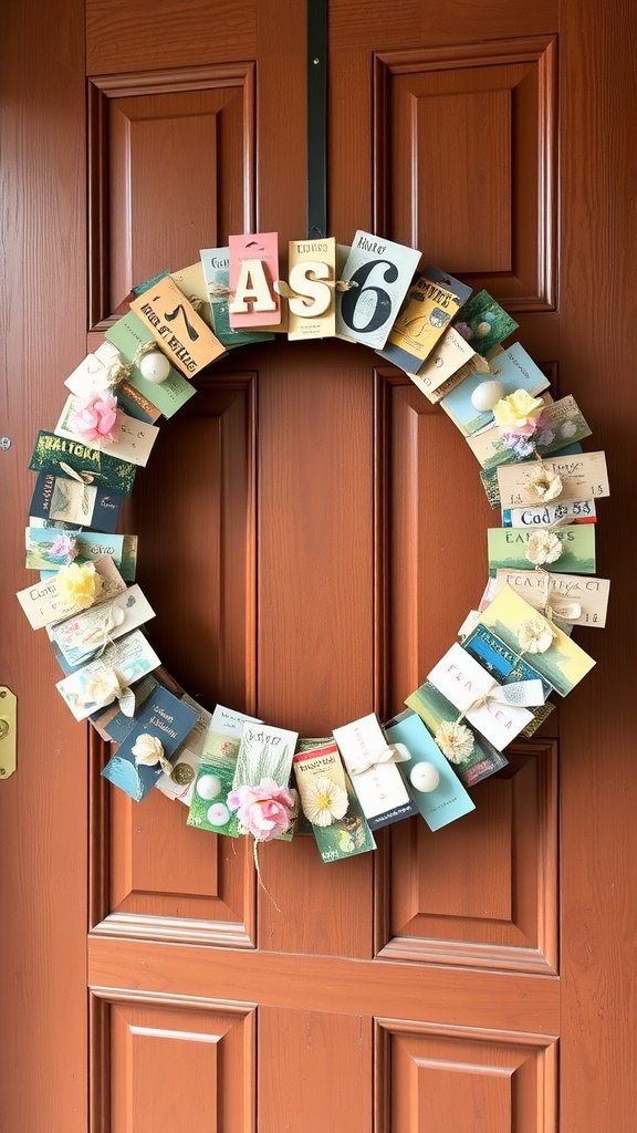 A vintage Easter card wreath with colorful embellishments on a wooden door.