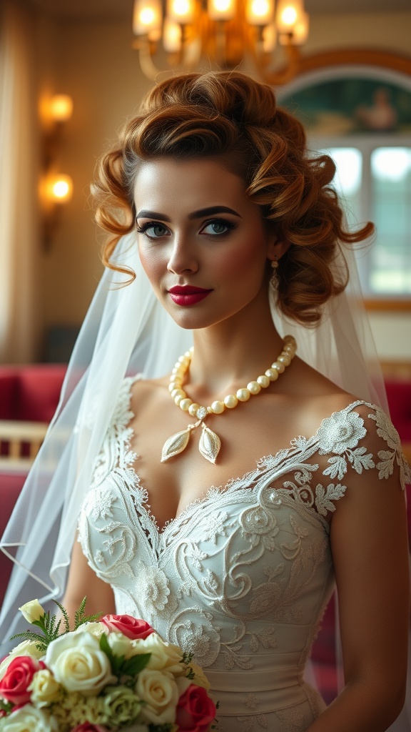 Bride with vintage Hollywood curls and elegant wedding dress, holding a bouquet