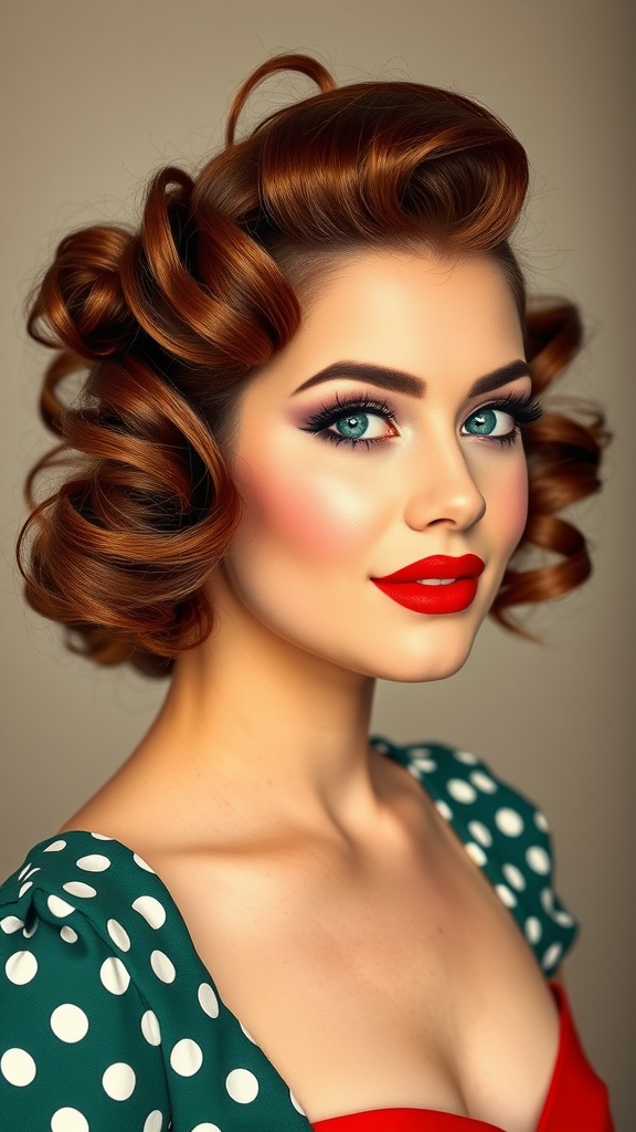 A woman with vintage pin-up curls and bold red lipstick.