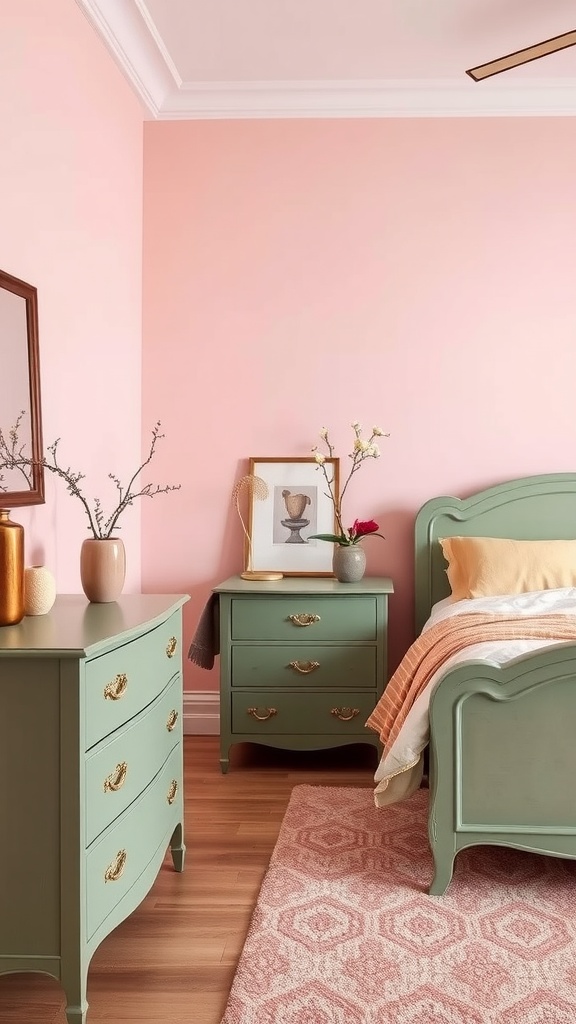 A stylish bedroom featuring vintage sage green furniture against a pale pink wall, showcasing a cozy and inviting atmosphere.