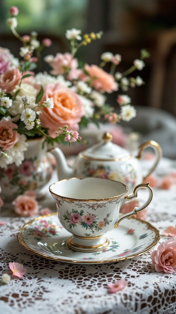 A vintage tea set with pink flowers on a lace tablecloth.