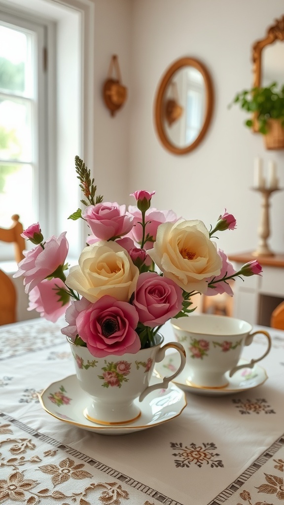 A vintage teacup filled with colorful flowers, placed on a lace tablecloth.