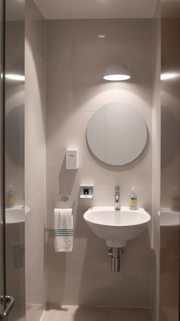 Small bathroom with a wall-mounted sink, mirror, and towel rack