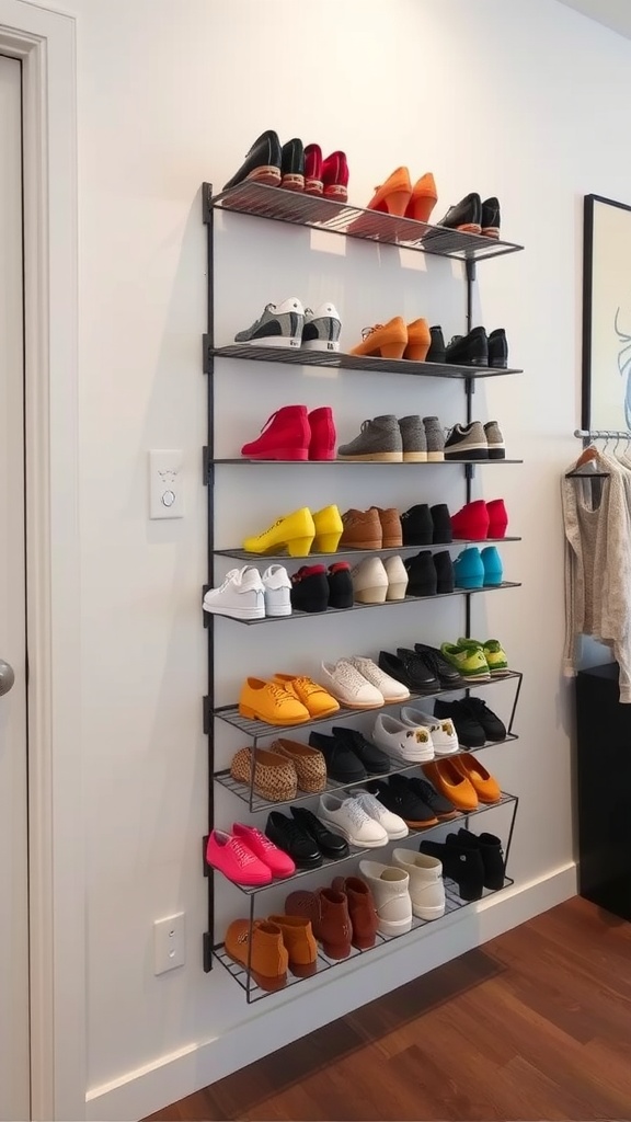 A wall-mounted shoe rack displaying various pairs of shoes in an organized manner.