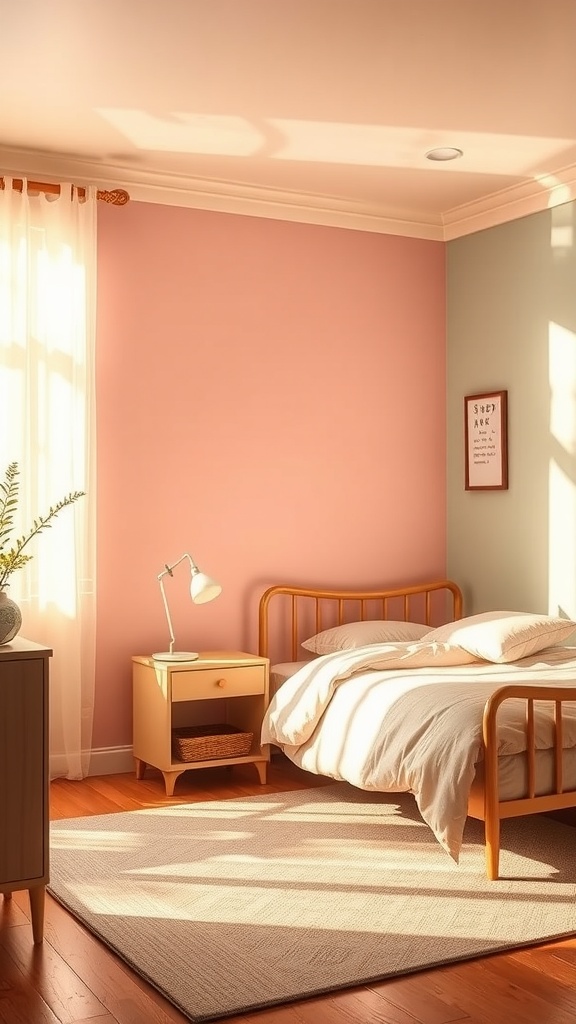 A cozy bedroom featuring sage green and light pink walls with warm natural lighting.