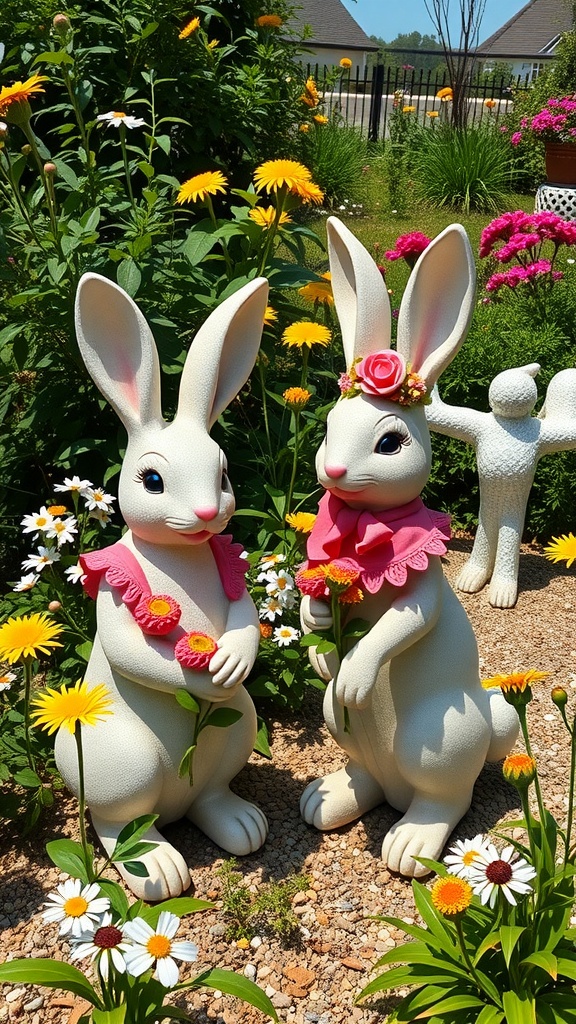 Two whimsical bunny garden statues with flowers in a colorful garden