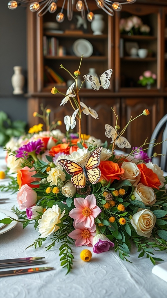 A vibrant spring table centerpiece featuring flowers and whimsical butterfly accents.