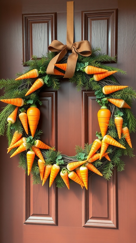 A colorful wreath featuring orange carrots and greenery on a brown door.