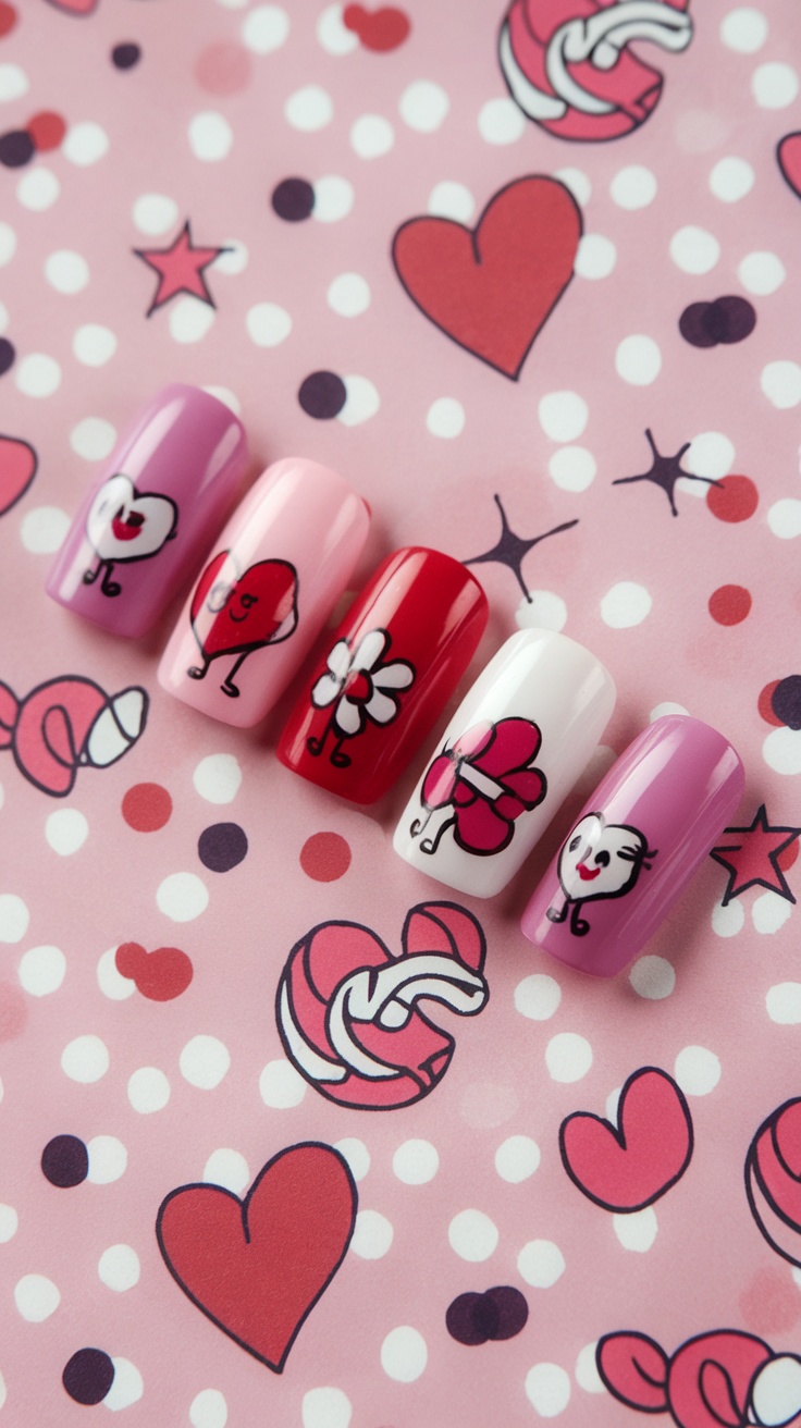 Close-up of nails decorated with whimsical cartoon characters for February