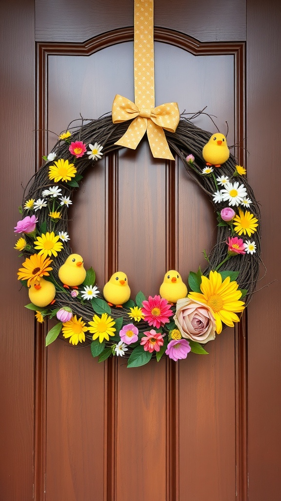 A handmade wreath featuring yellow chicks and colorful flowers, hanging on a brown door.