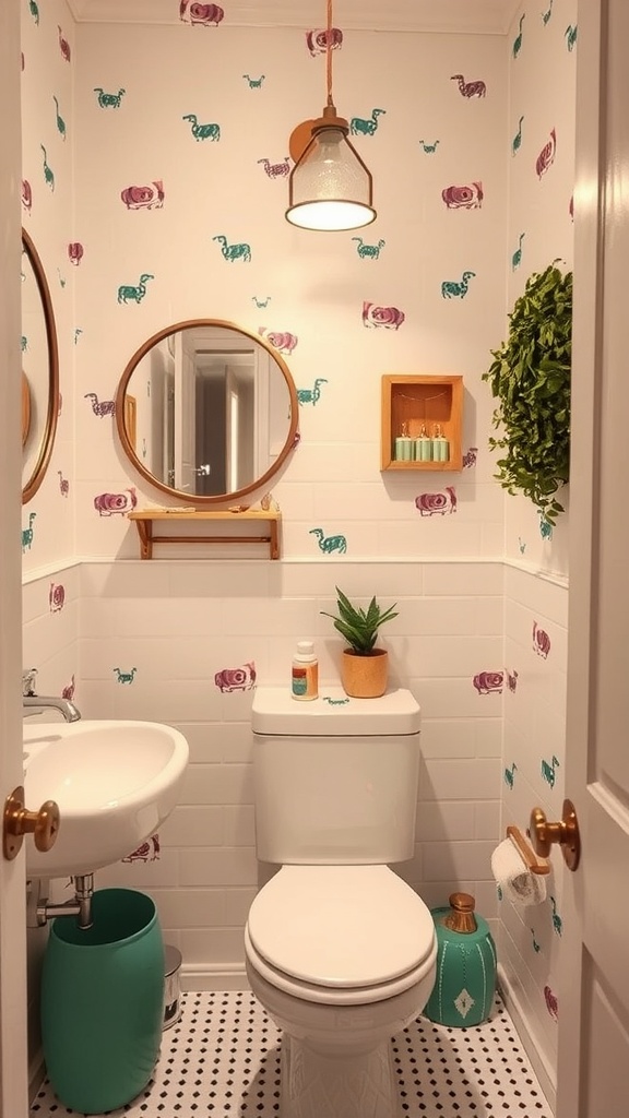 A small bathroom with whimsical decor featuring colorful framed art on the walls, a plant on the sink, and a stylish rug.