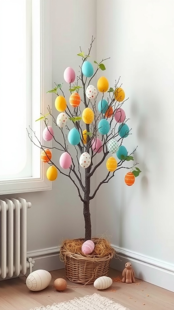 A whimsical egg tree with colorful eggs hanging from branches, set in a cozy room.