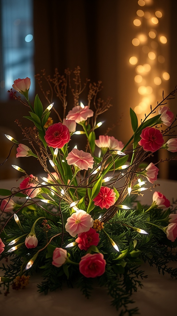 A romantic centerpiece featuring flowers and fairy lights