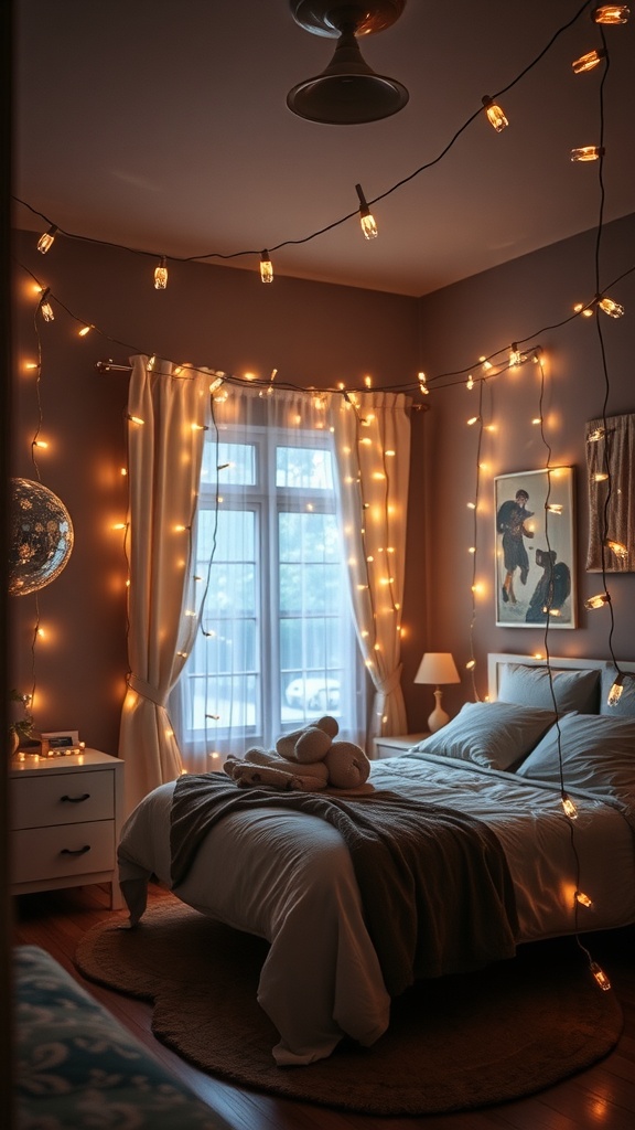 A cozy bedroom decorated with fairy lights and soft bedding.