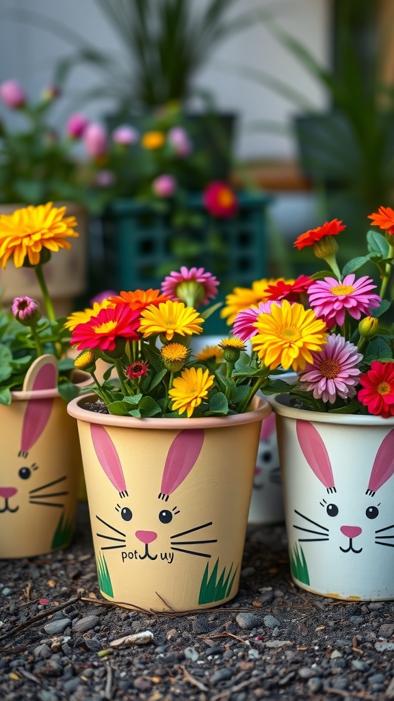 Flower pots painted with bunny faces, filled with colorful flowers.