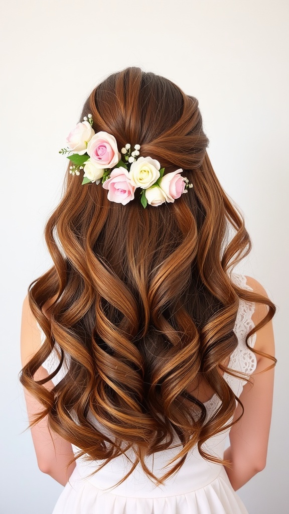 A woman with side swept curls decorated with flowers.