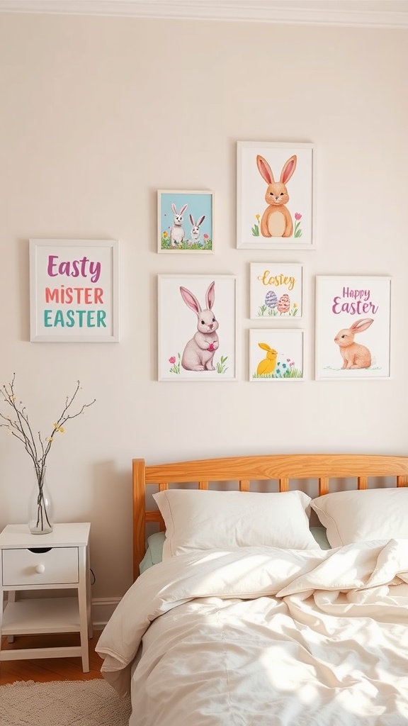 A collection of whimsical Easter-themed wall art featuring bunnies and colorful decorations.