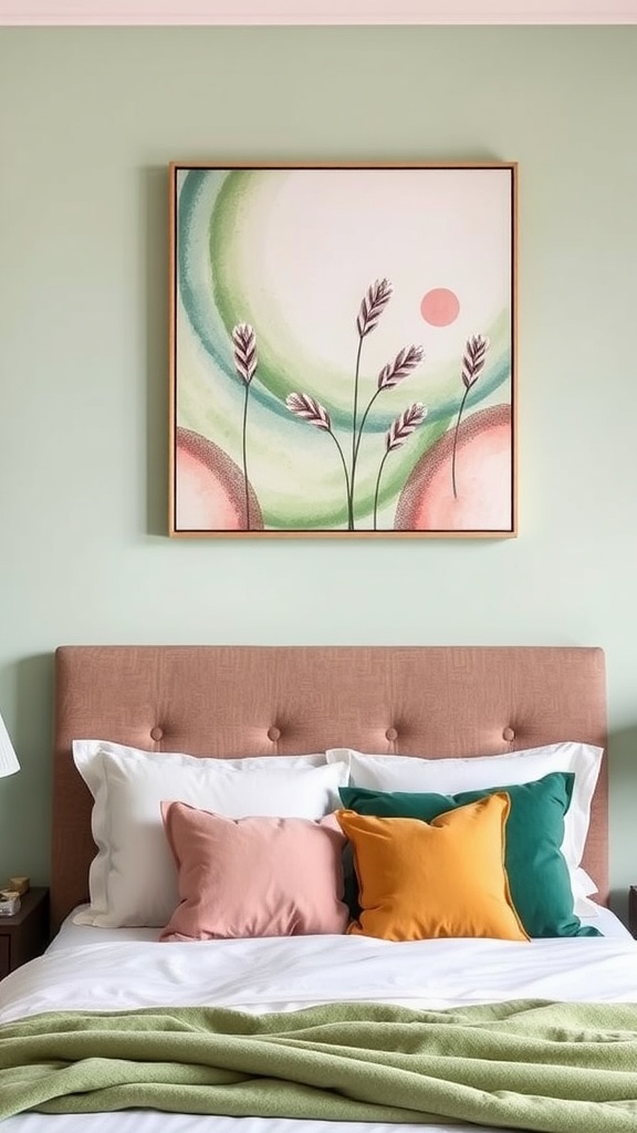 Whimsical wall art in a sage green and pink bedroom with a cozy bed